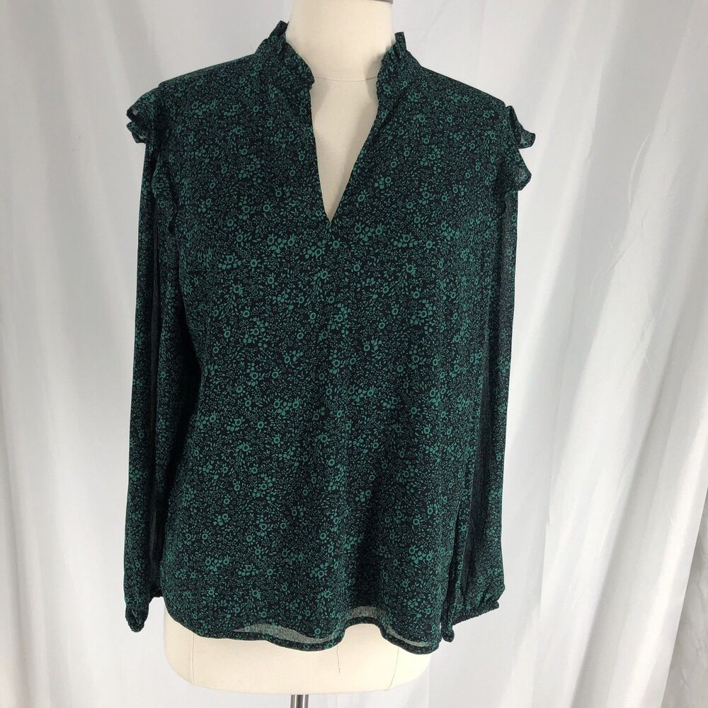 J. Crew Shirt Womens Medium Green Black Floral Ruffle V Neck Long Sleeve Lined